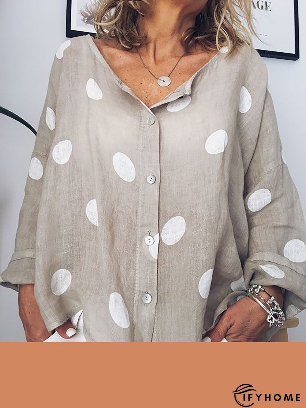 Women Polka Dots Buttoned Long Sleeve Casual Top | IFYHOME