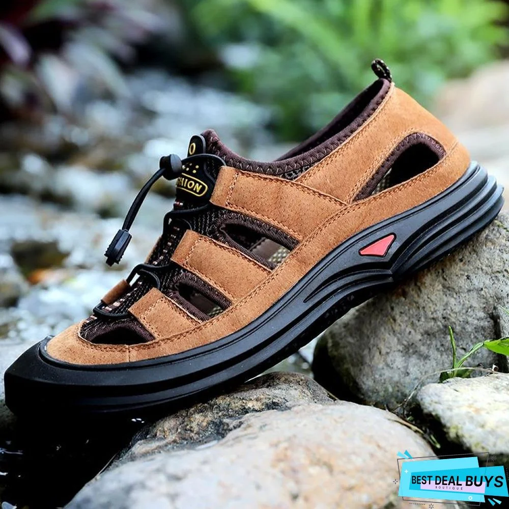 Men Leather Mesh Outdoor Sandals Summer Breathable Beach Shoes