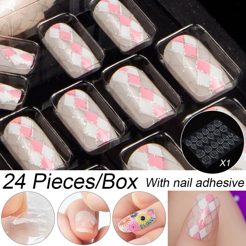 Fashion 24pc/set 10 Sizes Fake Nails Full Cover French False Nail Tips With Double-Sided Nail Adhesive Tab Press On Coffin Nail-Nail Inspo