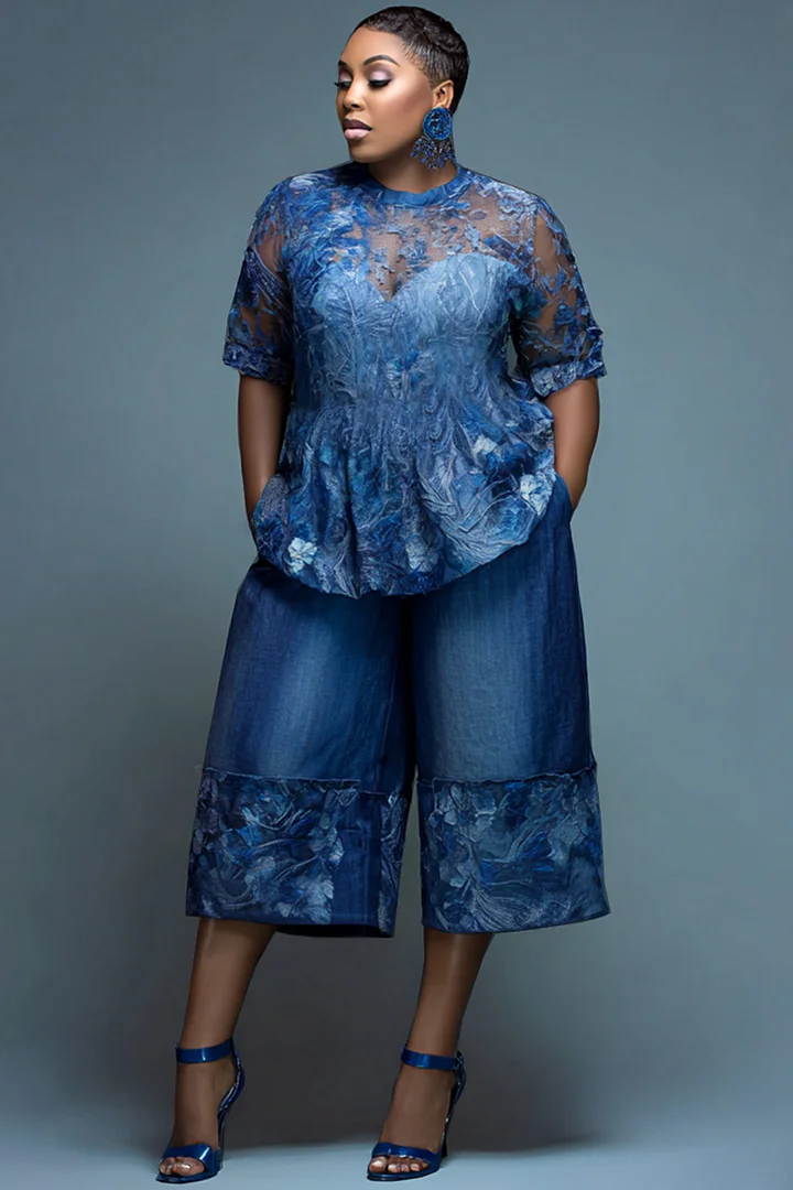 Xpluswear Design Plus Size Daily Lace Blue Round Neck Short Sleeve Contrast Pocket Tencel Denim Two Piece Short Sets 2024 - Xpluswear