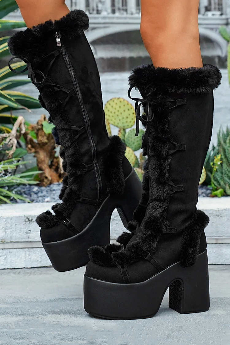 Daily Khaki Faux Fur Patchwork Platform Lace Up Chunky Heel Knee High Boots 2024 - Xpluswear