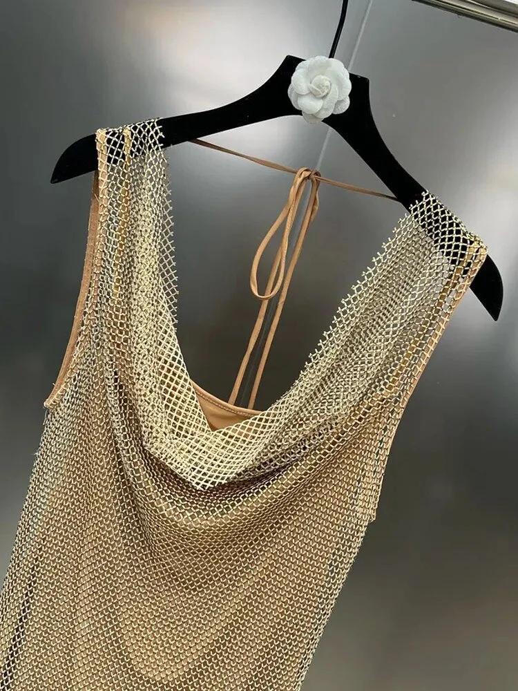 Oocharger Solid Backless Dresses For Women Swinging Collar Sleeveless High Waist Patchwork Diamond Mini Dress Female Fashion