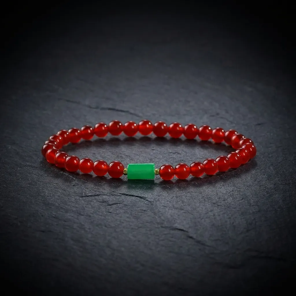 JiStones Eternal Crimson - Natural Red Agate & Verdant Jade Fortune Bracelet Translucent Crimson with Verdant Jade Accent