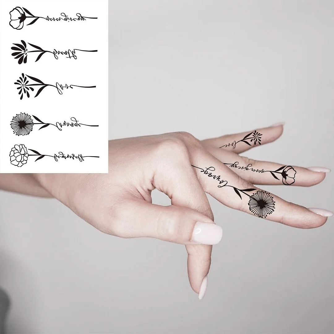 Black Little Flower Fashion Finger Temporary Tattoos For Women Adult Leaves Daisy Rose Fake Tattoo Letter Body Art Tatoos Decal