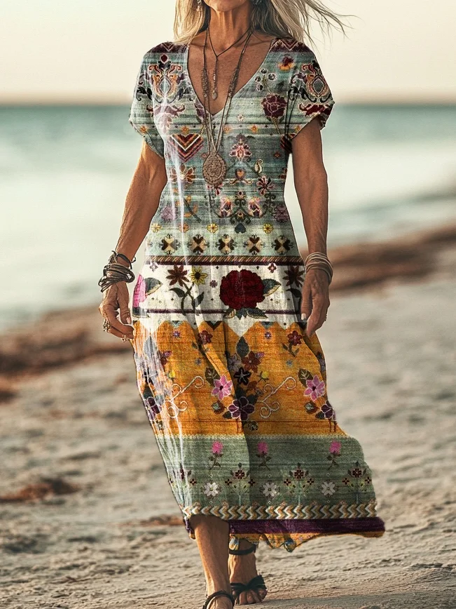 Women's Vintage Ethnic Floral Art Print Short Sleeve Pocket Cotton Linen Dress