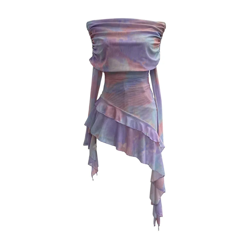 Nigikala Nigikala And Spicy Shoulder Dyed Printing Mesh Long-Sleeved Coat Folds Irregular Ribbon T-Shirt 9997