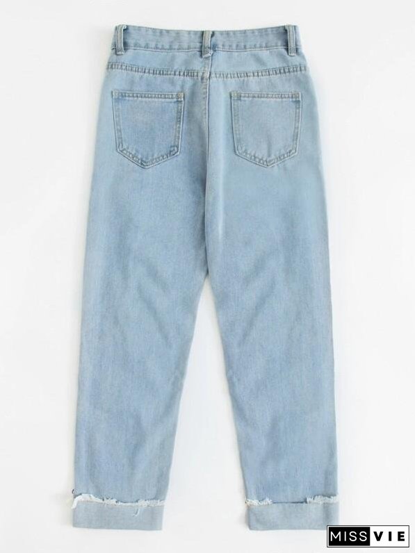 Plus Slogan Graphic Ripped Boyfriend Jeans for Women