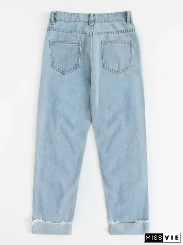 Plus Slogan Graphic Ripped Boyfriend Jeans for Women