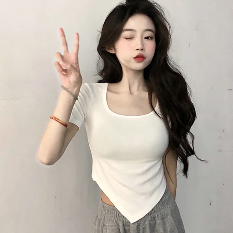 Brownm Brownm Girl Square Collar Short Sleeve Women's Summer 2024 New Thin Slim Casual Top Irregular Trendy Ins Girls T-Shirt