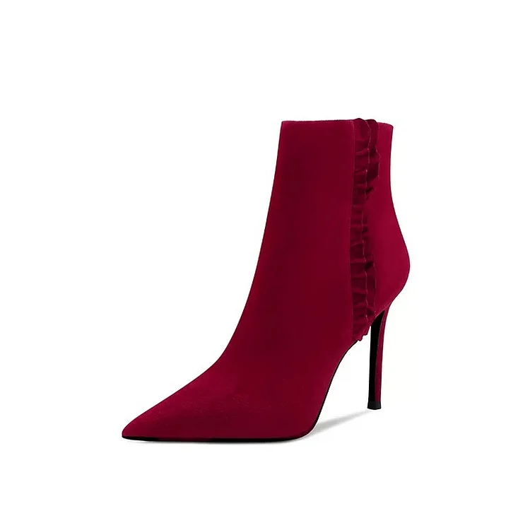 Dark Red Fashion Boots Stiletto Heel Ankle Boots with Ruffle |FSJ Shoes