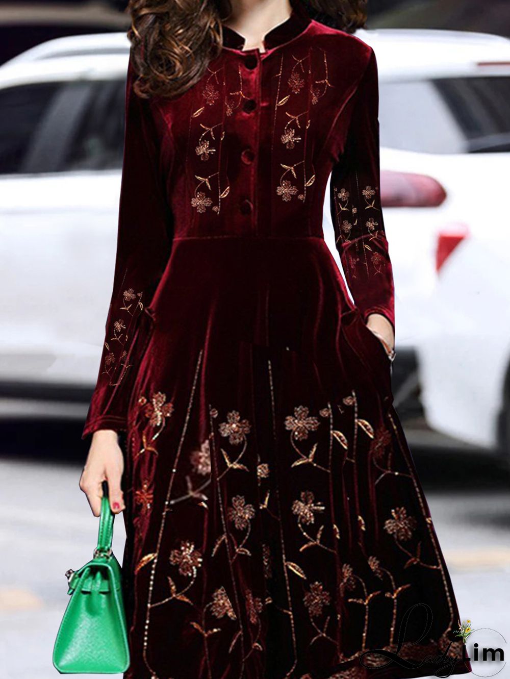 UR Casual Floral Stand Collar Button Long Sleeve Velvet Midi Dress