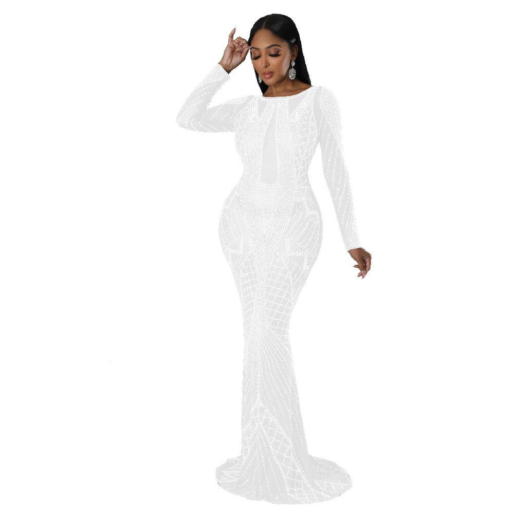 Neosepa-Vintage round neck long sleeve hot diamond process backless maxi evening dress