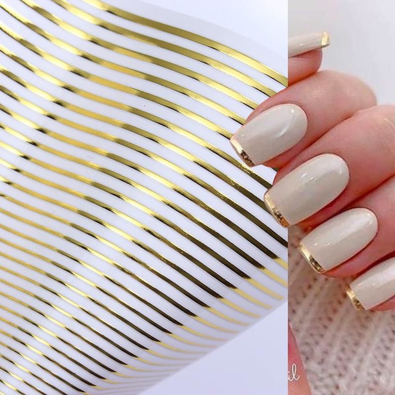 French Line Stripe 3D Nail Stickers Gold Silver Metal Lines Nail Transfer Stickers Multi-size Strip Wave Decoration Decal Tips