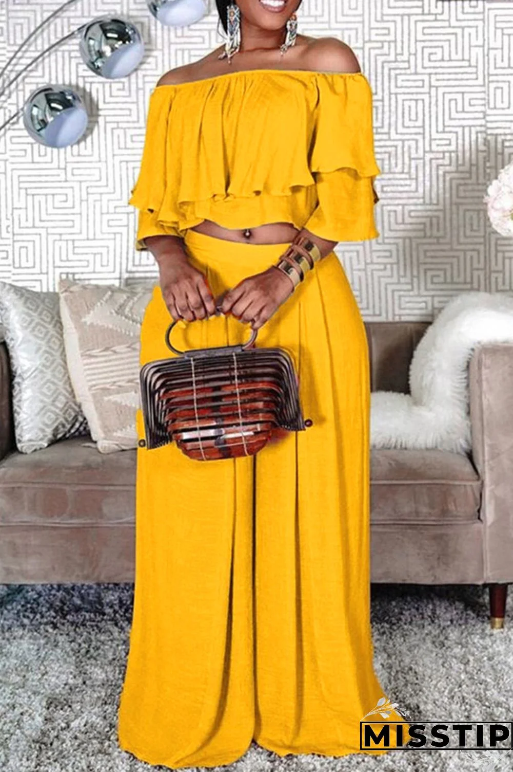 Yellow Fashion Casual Solid Patchwork Off the Shoulder Half Sleeve Two Pieces