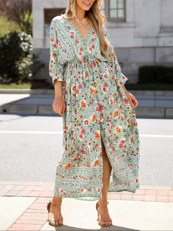 Bohemian Sun Jade Floral Maxi Dress
