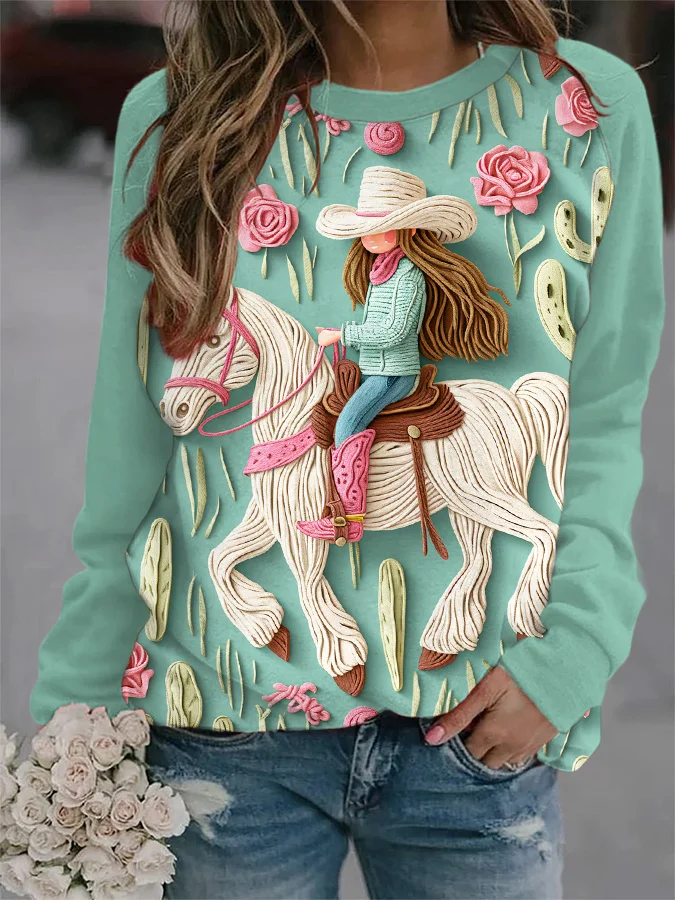 Western Girl & Rose Embroidery Casual Sweatshirt