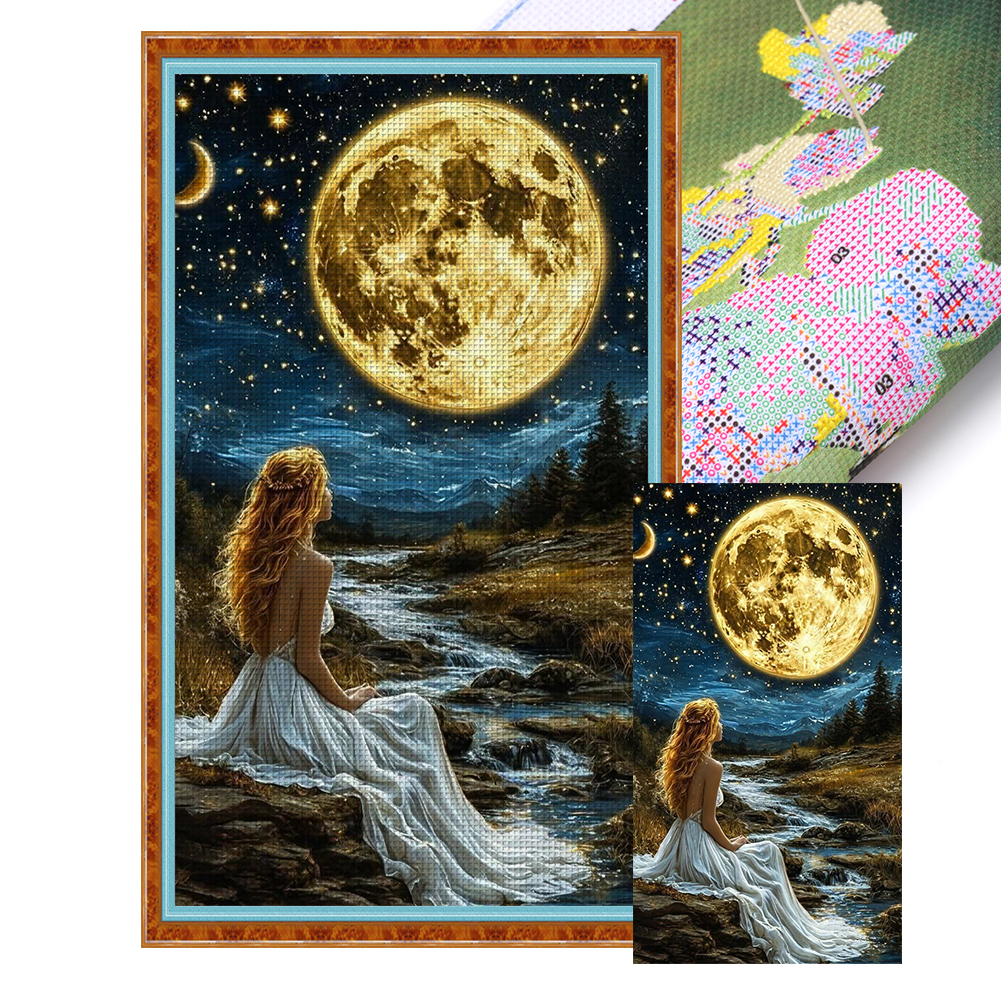 Girl Under The Moon Full 11CT Pre-stamped Canvas(40*70cm) Cross Stitch