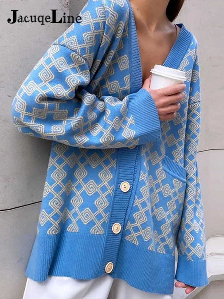 Jacuqeline Autumn Winter 2021 Oversize Knitted Women Cardigan Long Sleeve V Neck Sweater Fashion Plaid Casual Loose Cardigan