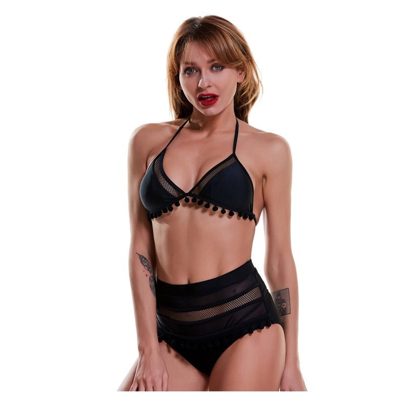 2021 Sexy Halter Retro Mesh Hollow Out String Biquini Bathing Suit Female Swimsuit High Waist Plus Size Swimwear Women Bikini