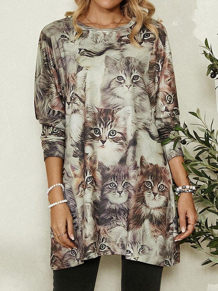 Cute Cat Print Long Sleeve Casual Pocket Blouse for Women P1793753
