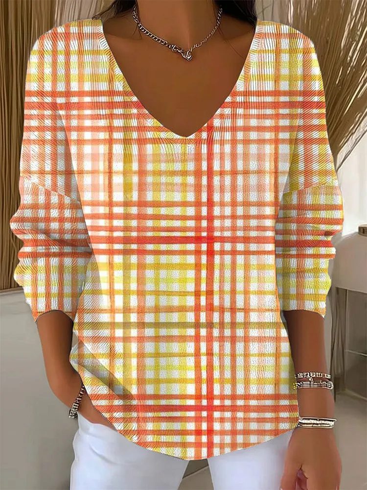 Women's Vintage Abstract Plaid Art Print Casual Pullover Sweater