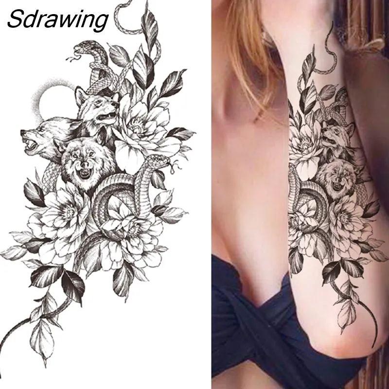 Sdrawing Fake Peony Temporary Tattoos For Women Girl Black Rose Elephant Flower Tattoo Sticker Tiger Anemone Tatoos Half Sleeve 1020-0
