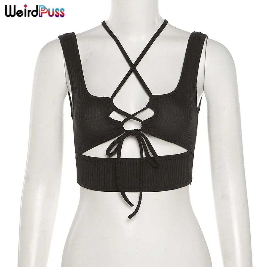 Weird Puss Sexy Hollow Cyber Y2K Tank Tops Women Solid Bandage Vest Sling Ribbed Summer Party Clubwear Stretchy Skinny Outfits