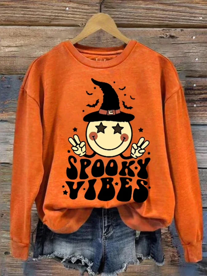 Spooky Atmosphere Halloween Smiley Witch Hat Print Sweatshirt