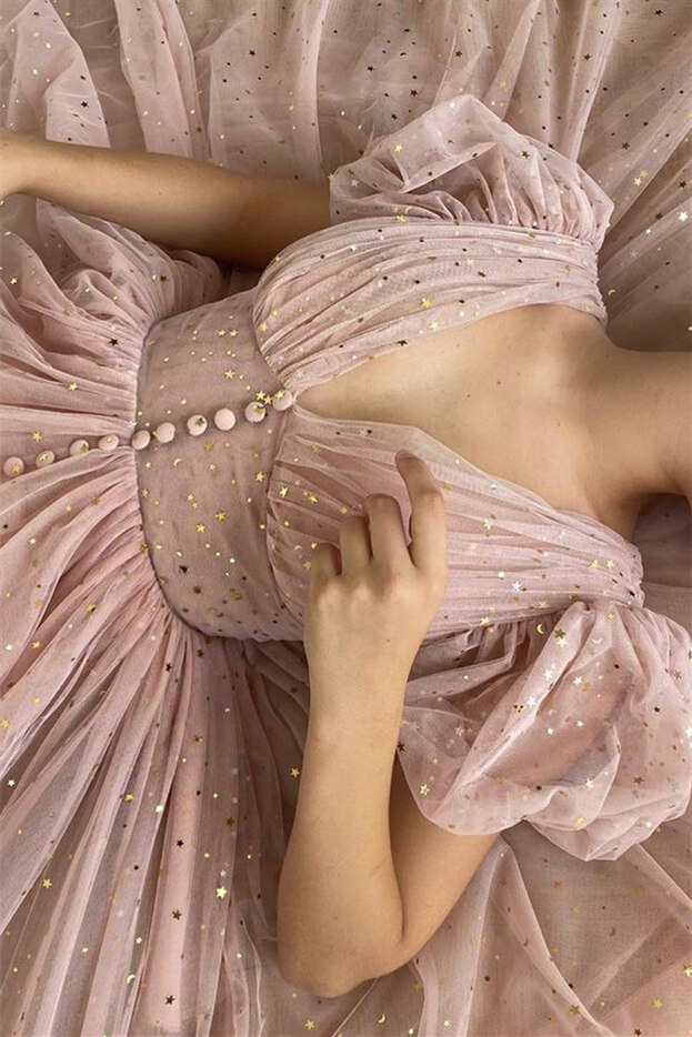 Miabel Elegant Pink V-Neck Short Sleeves Prom Dress With Sequins Taupe