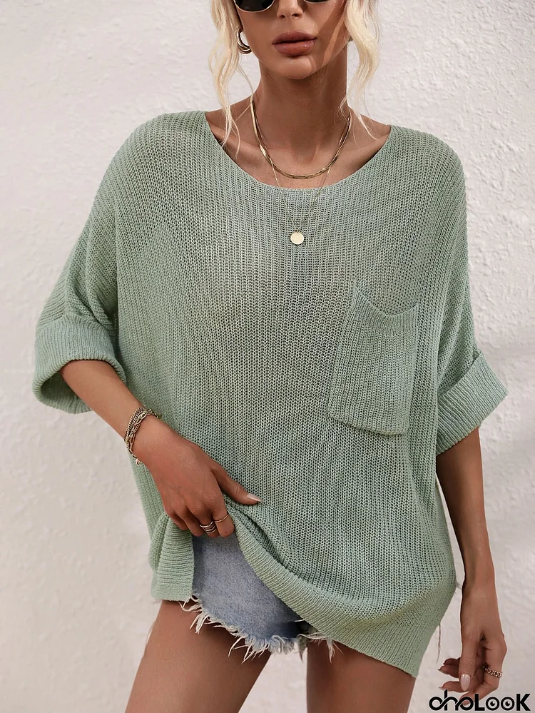 Boat Neck Cuffed Sleeve Slit Tunic Knit Top