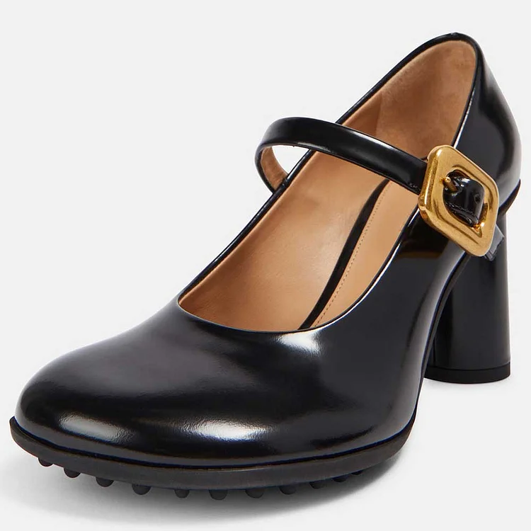 Classic Black Patent Leather Round Toe Mary Janes High Heels Shoes |FSJ Shoes