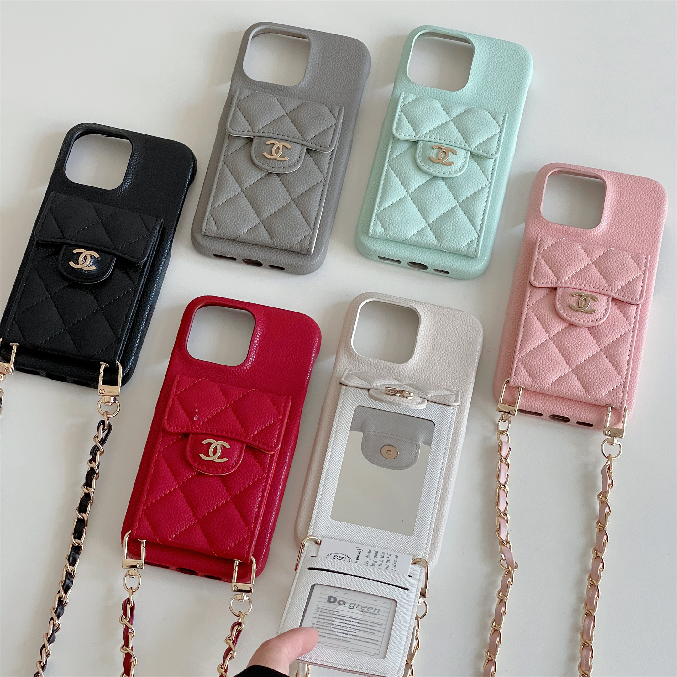 Luxury Chanel Crossbody Leather Card Holder Built-in Makeup Mirror Apple iPhone Case