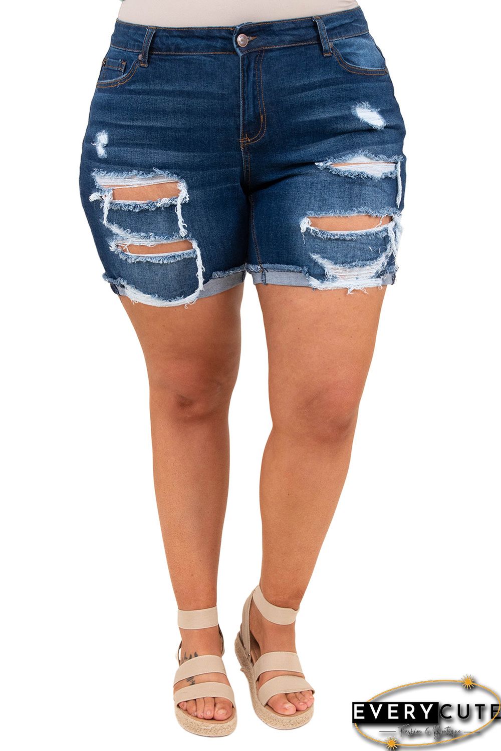 Blue Plus Size Rolled Hem Distressed Denim Shorts