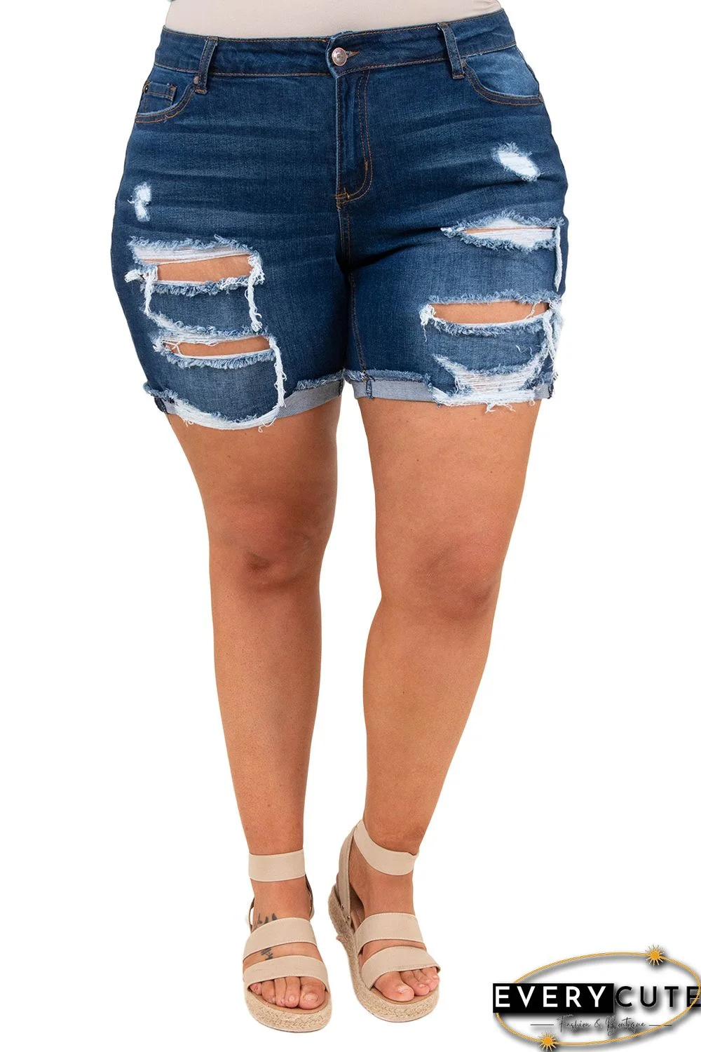 Blue Plus Size Rolled Hem Distressed Denim Shorts