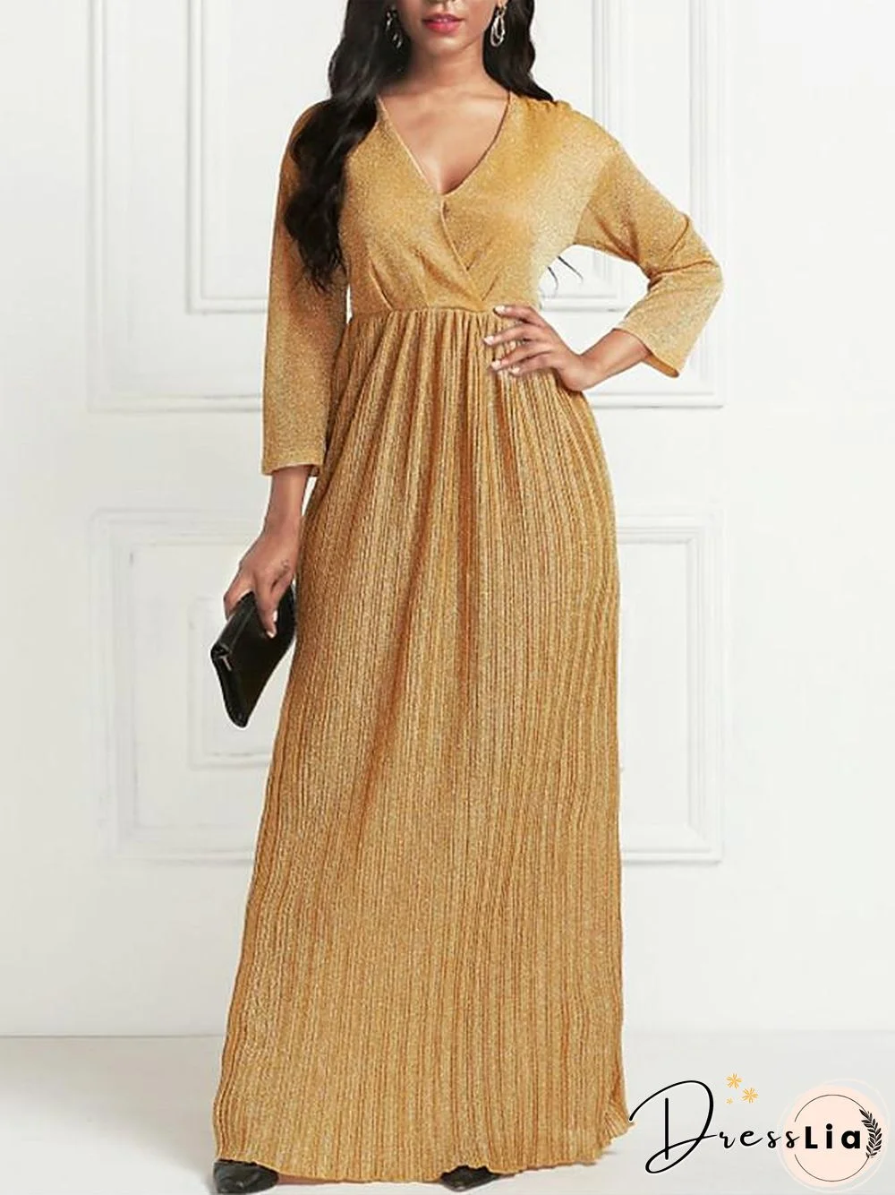 Women's Maxi long Dress 3/4 Length Sleeve Pleated Summer Hot Formal  Gold S M L XL XXL