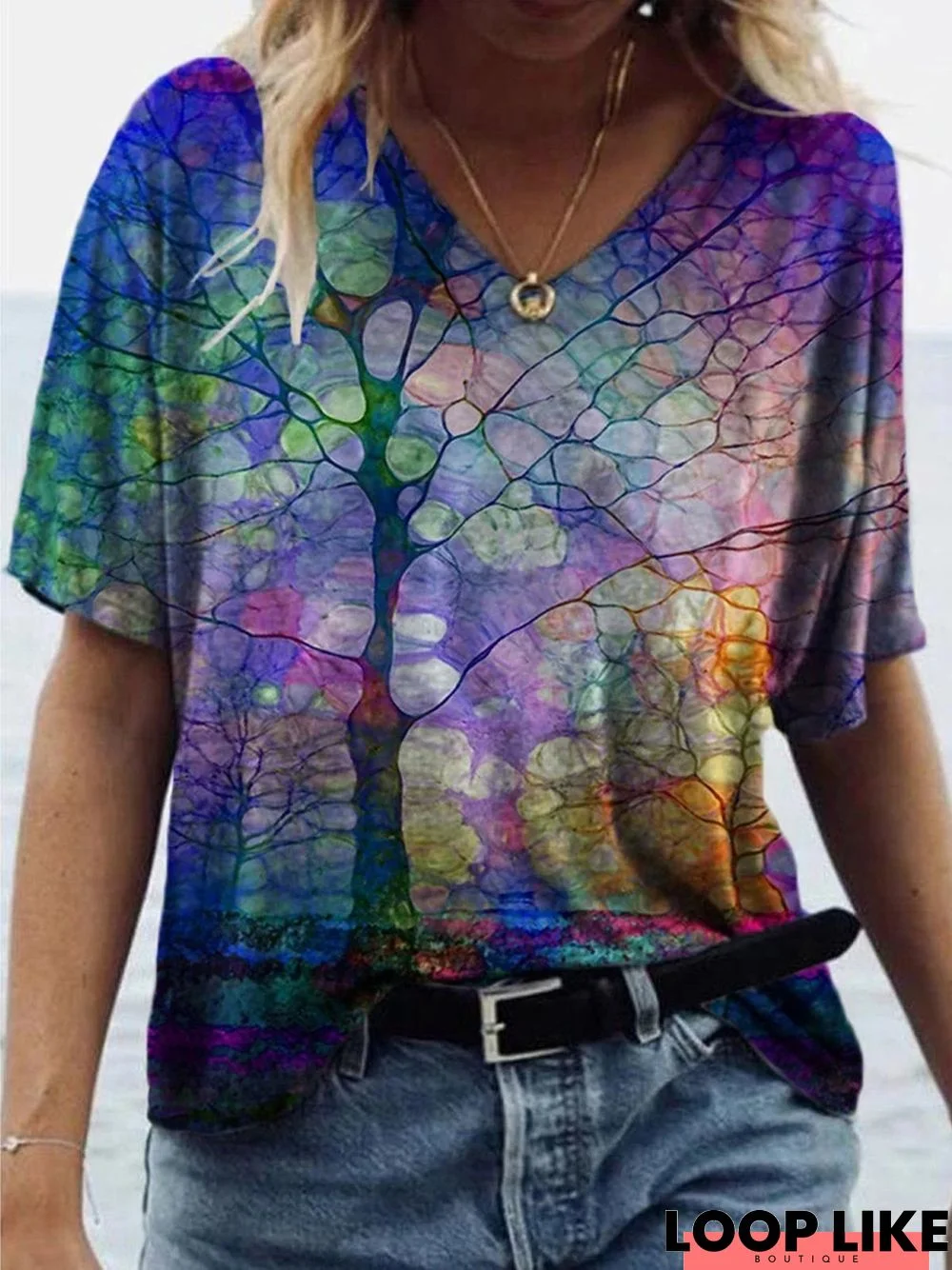 Short Sleeve V Neck Printed Casual T-shirt