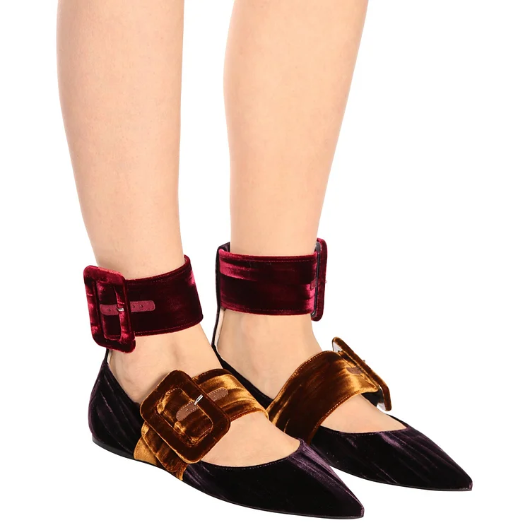 Purple Pointy Toe Velvet Mary Jane Flats with Buckles Vdcoo