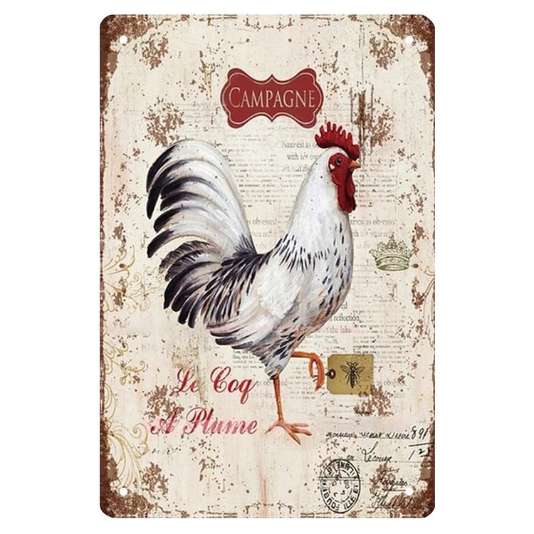Chicken - White Feather Rooster Vintage Tin Signs/Wooden Signs - 7.9x11.8in & 11.8x15.7in
