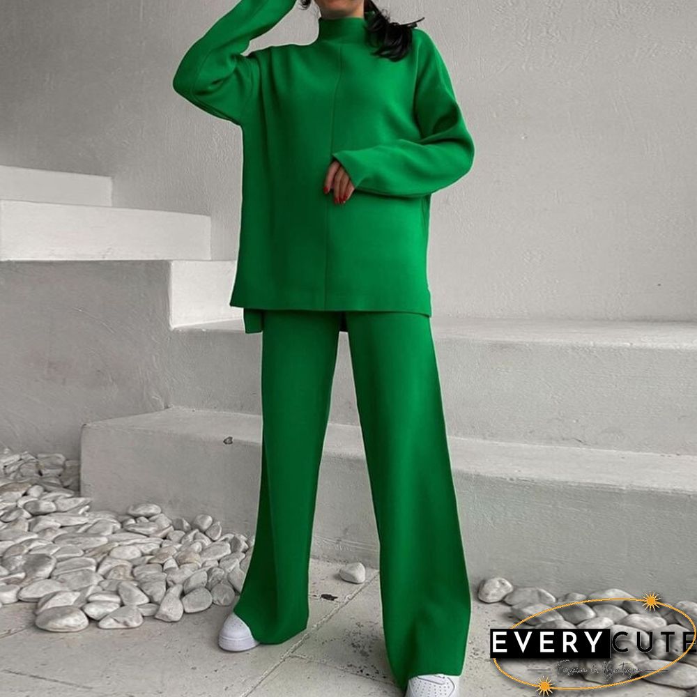 Winter Women Long Sleeve Loose Casual Sweater Knit Top Trousers Set High Neck Solid Color