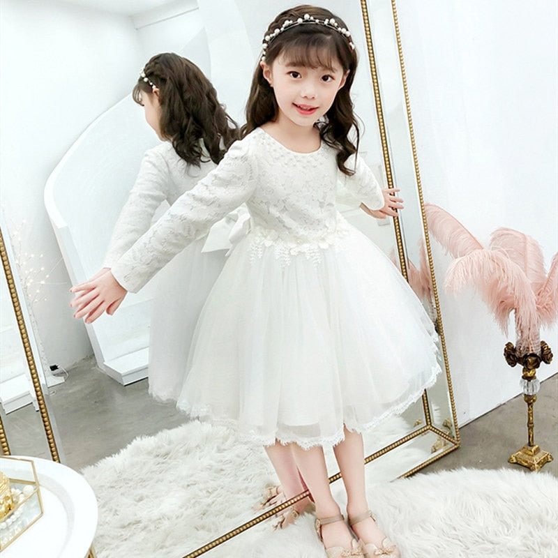 Autumn Winter Long-Sleeved Flower Elegant Dress for Girls Applique Beaded Lace Wedding Warm Party Girls Dress Costumes Clothes