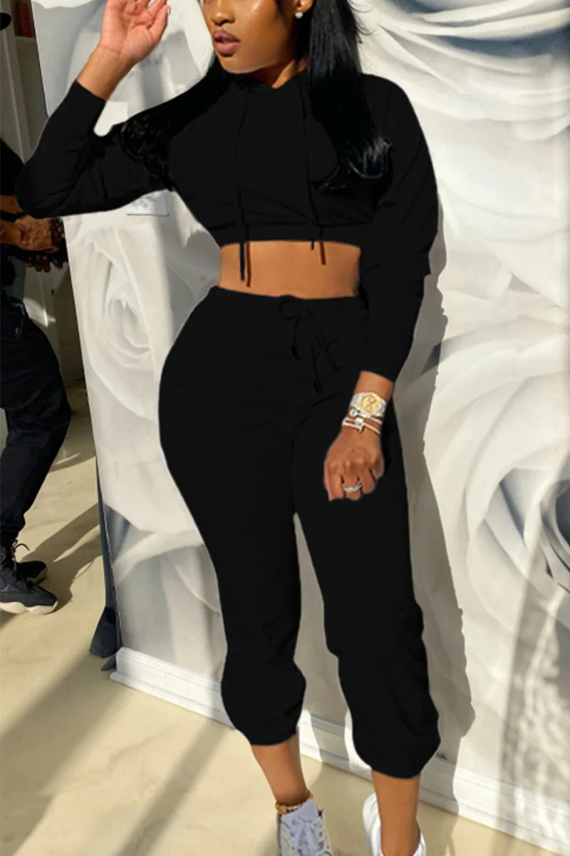 Black Sportswear Solid Patchwork Hooded Collar Long Sleeve Regular Sleeve Short Two Pieces