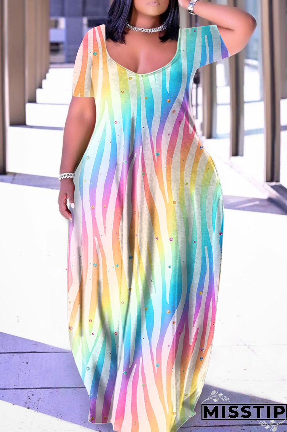 Blue Yellow Casual Print Basic V Neck Short Sleeve Dress Dresses