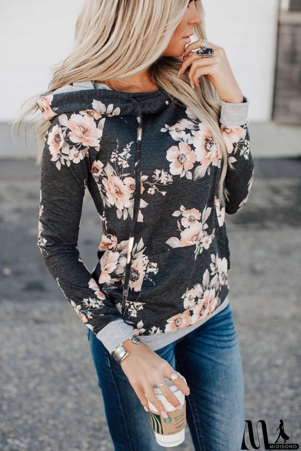 MidiSono - Floral Hoodie with Kangaroo Pocket