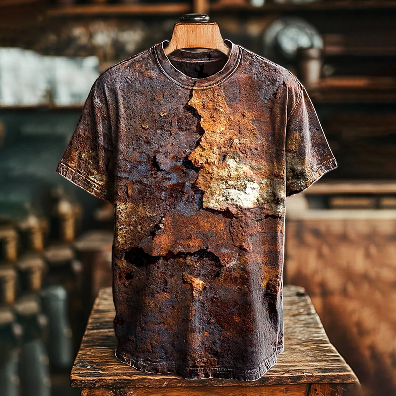 Comstylish Unisex Retro Aged Rust Printed Casual Loose Short Sleeve T-shirt