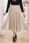 Women's Elegant Apricot Tulle Mesh Overlay Flared Midi Skirt