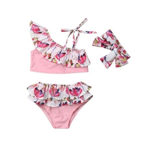 Cute Kids Baby Girl Flower Ruffle 3PCS Bikini Set Floral Ruffle High Waist Swimsuit Swimwear Bathing Suit
