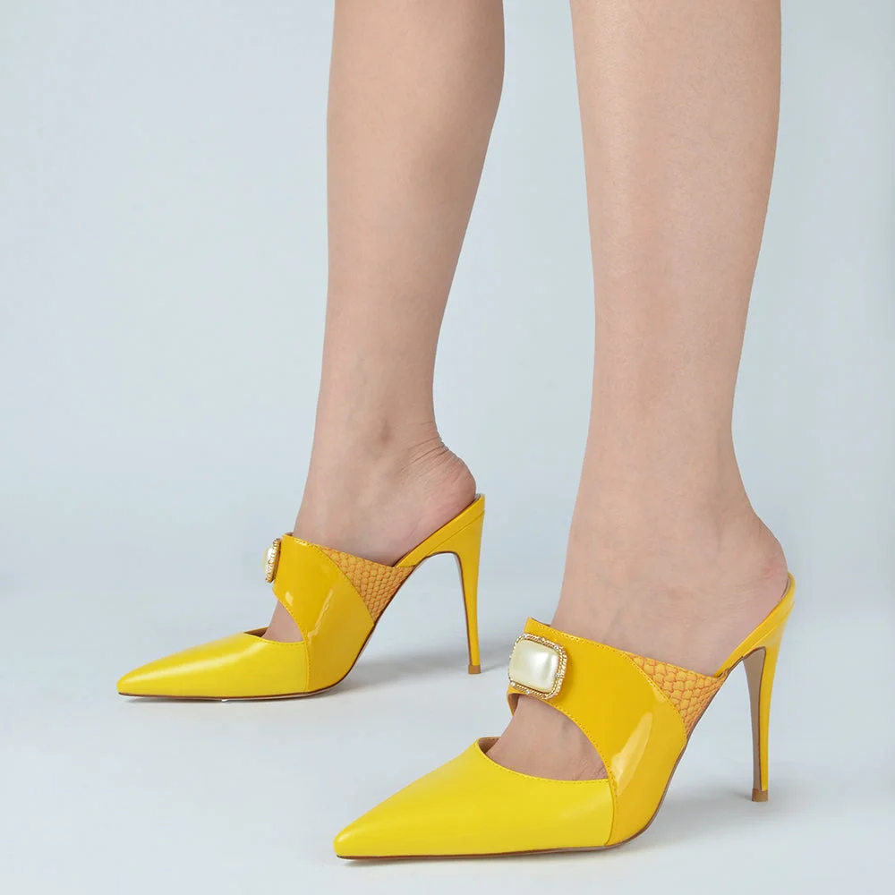 Yellow Leather Pointed Toe High Heeled Mules Stiletto Heels With Gem