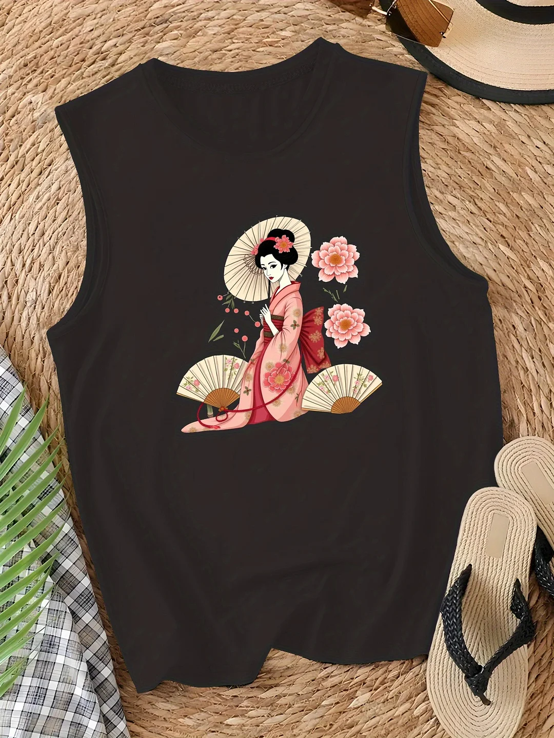 Women's Sleeveless Vest - Traditional Japanese Geisha & Peonies Art Print, Lightweight Summer Casual Wear, Machine Washable Round Neck Top For Cultural Fashion | IFYHOME