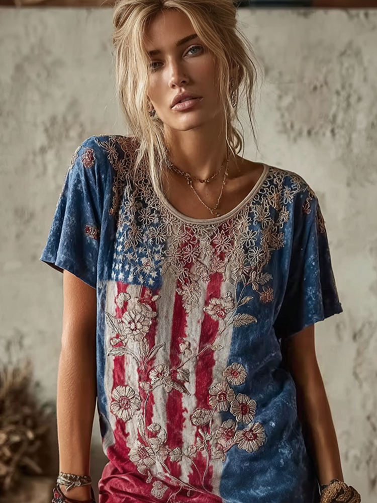  Women's Retro American Flag Element Plant Flower Embroidery Design Short Sleeve T-shirt Westsshops
