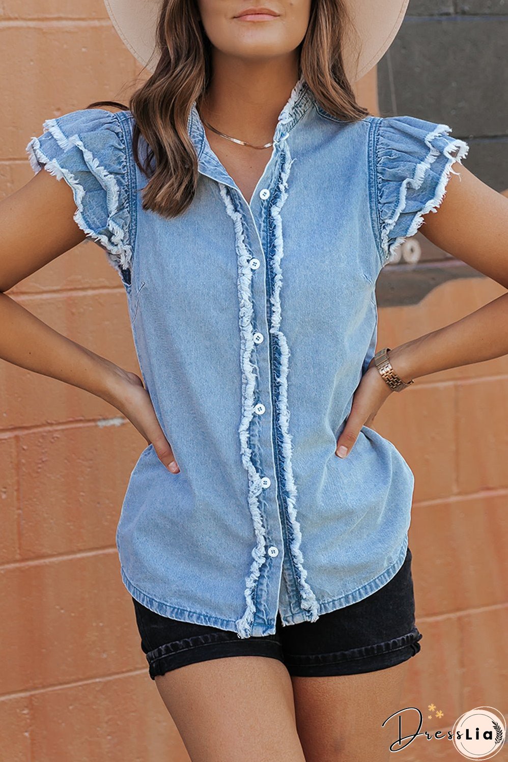 Button Front Frayed Denim Top